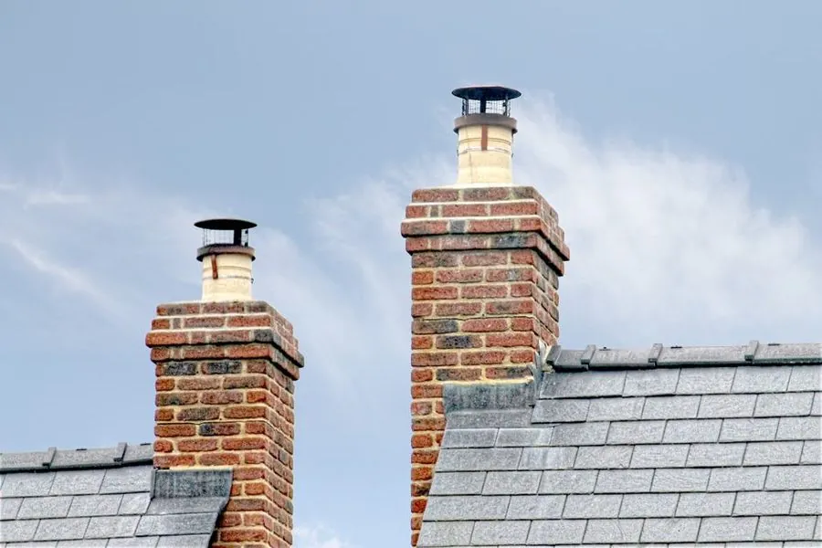 A brick chimney with lead flashing that needs repair